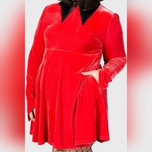 Red Velvet Long-Sleeve A-Line Dress with Contrast Collar